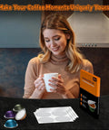 Reusable Foil Lids For Nespresso Vertuo Pods 100 Pack shown with coffee capsules and packaging