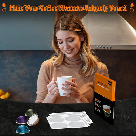 Reusable Foil Lids For Nespresso Vertuo Pods 100 Pack shown with coffee capsules and packaging