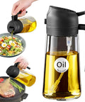 Smooth Operator Sixteen Oz Glass Olive Oil Spray Bottle With Dual Pour And Sprayer Function Drip Free Build For Grilling Roasting And Healthy Cooking Bpa Free Matte Black Kitchen Ace being used to drizzle oil on salad and spray on grill.