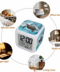 Super Chill Digital Cube Alarm Clock With Quiet Sweep Motion Dreamy Ocean Turtle Graphic retro design on a bedside table.
