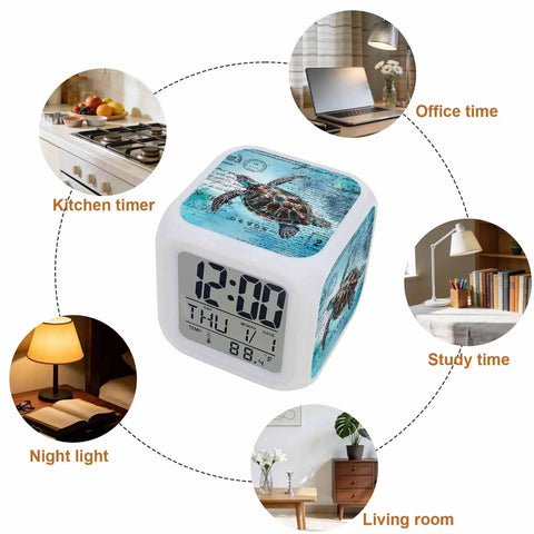 Super Chill Digital Cube Alarm Clock With Quiet Sweep Motion Dreamy Ocean Turtle Graphic retro design on a bedside table.