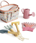 Kids Garden Tool Set For Young Gardeners Kid Friendly STEM Learning Kit With Tote Bag, spade, watering can, gloves displayed