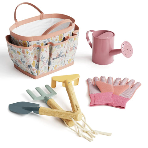 Kids Garden Tool Set For Young Gardeners Kid Friendly STEM Learning Kit With Tote Bag, spade, watering can, gloves displayed