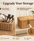 Heavy Duty Plastic Wicker Storage Basket With Lids Waterproof Woven Organizer Bins For Home Closet, stacked and open.