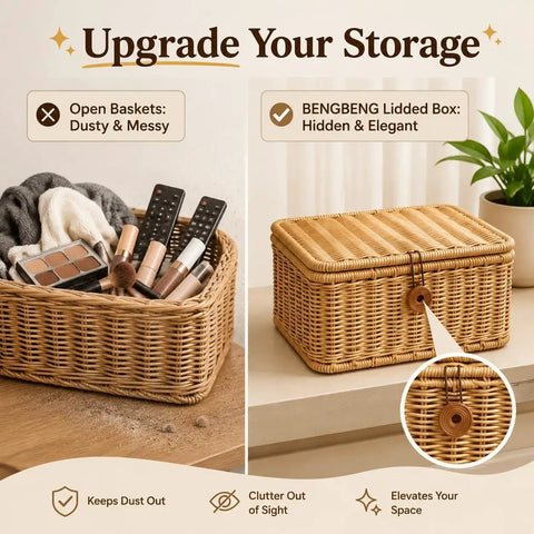 Heavy Duty Plastic Wicker Storage Basket With Lids Waterproof Woven Organizer Bins For Home Closet, stacked and open.