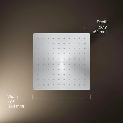 Honesty 10-Inch Rain Showerhead, Single Function, 2.5 GPM, Polished Chrome, square design, dimensions shown