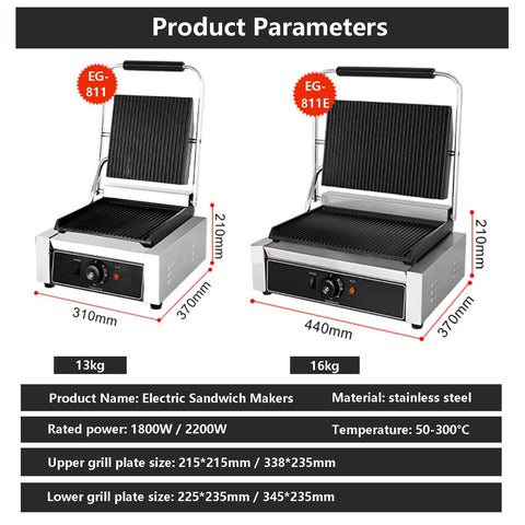 Heavy Duty Electric Sandwich Press Grill 200 To 300 Degrees C High Performance Non Stick Stainless Steel Toaster And Waffle Iron dimensions and power specifications