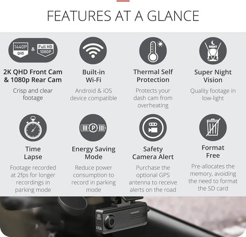 Dashboard display showcasing features of 2K QHD Front And Rear Dash Cam With WiFi WDR Crystal Clear Night Vision 2 Point 0 ADAS.