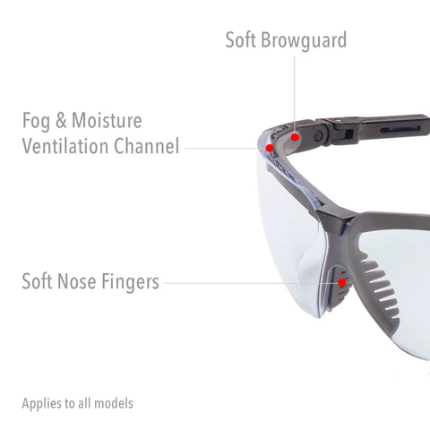 Genesis Safety Glasses With Uvextreme Anti Fog Coating in vapor blue frame, showing soft browguard, ventilation channel, and nose fingers.