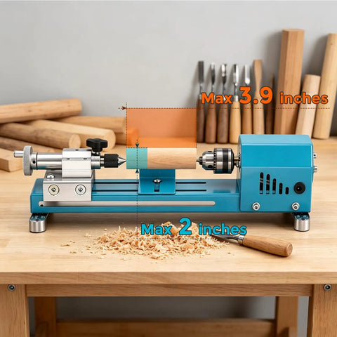 Bonvoisin Mini Lathe Machine With 7-Speed Benchtop Wood Turning Capabilities For Diy Projects and Precision Craftsmanship with max 3.9 inch log.