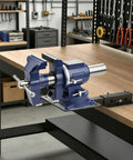 Badass Heavy Duty Carbon Steel Vise Mount With Flexible Angle Swivel Rod For Bench Grinder Stand on a workbench.