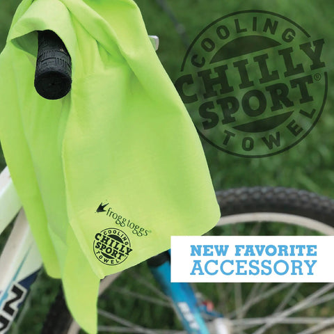 Chilly Pad Cooling Towels Lime 2 Pack 33x13 Inches with hyper evaporative material draped over bike handle
