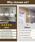 WILON 11" Hammered Glass Pendant Lights Kitchen Island Black comparison with other light fixtures, showcasing design features.