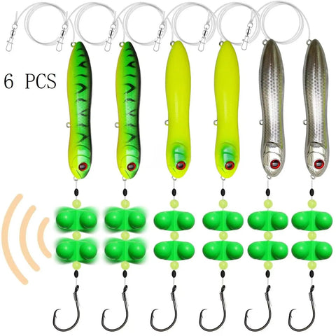 6 Pack Catfish Float Rig Set With Rattles For Catfishing Tackle, Circle Hooks, Peg Floats, Santee Rig Style