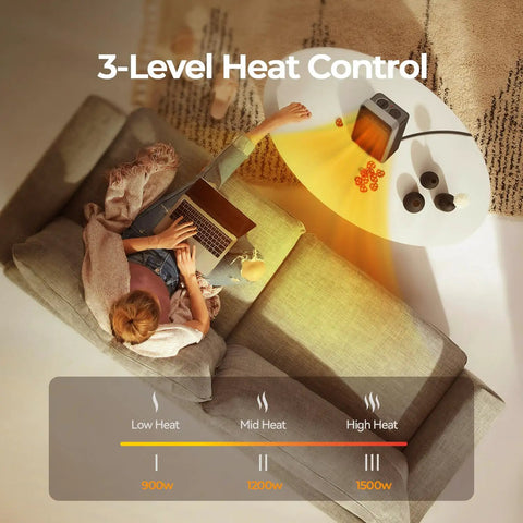 Compact 1500W Space Heater For Indoor Use With Thermostat Ceramic Portable Heater With Three Heating Levels and Tip Over Protection displayed on a table.