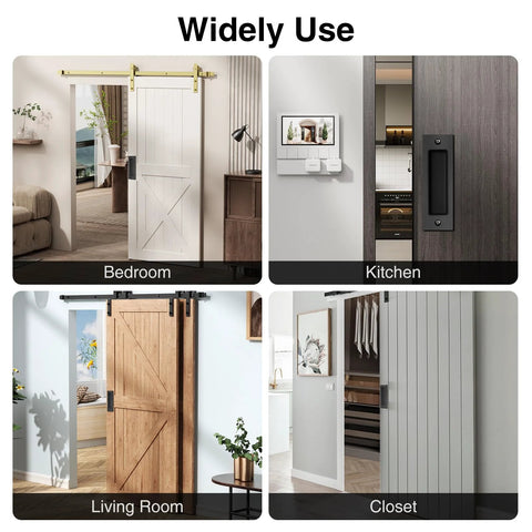 Various rooms with 6 Inch Flush Pull Sliding Barn Door Handle Set For Closet Pocket And Cabinet Doors Recessed Rectangular Plate Matte Black Finish Durable Rust Resistant Design And Included Mounting Hardware For Easy Installation displayed.