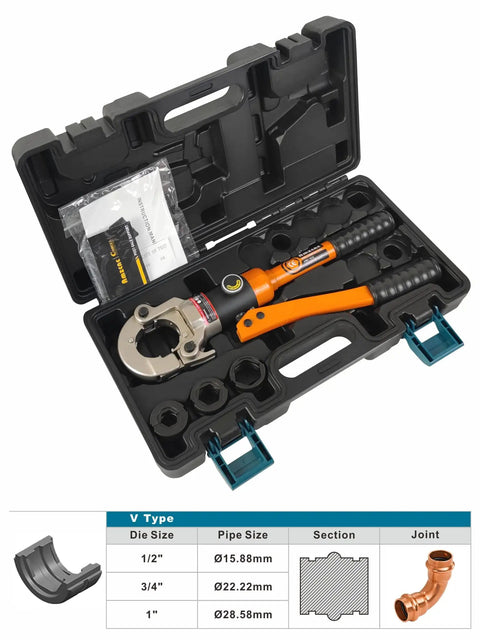 Hydraulic Copper Tube Fittings Crimping Tool With One Half Inch Three Quarter Inch And One Inch Jaw Sizes For Propress Copper Pipe Crimper Pressing Pliers Easy Leak Free Connections One Person Operation in open black case with orange handle.