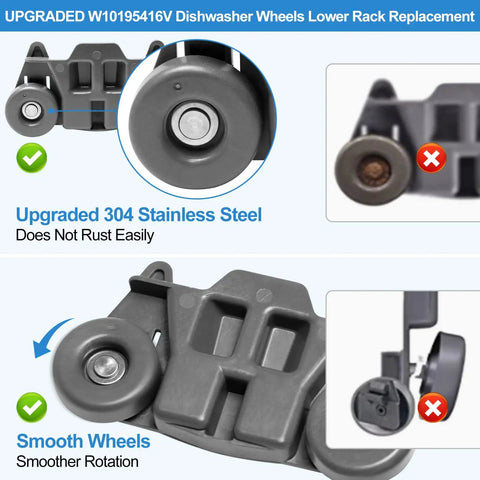 Upgraded Rust-Resistant Lower Rack Dishwasher Wheels Set with 304 Stainless Screws for KitchenAid Whirlpool Maytag Kenmore