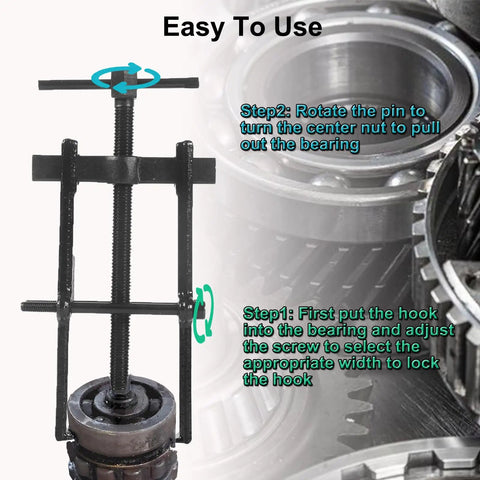 Five Piece Adjustable Two Jaw Bearing Puller Set With 2 Inch 3 Inch 4 Inch 6 Inch And 8 Inch Jaws Carbon Steel Wheel Bearing Gear Removal Kit for motorcycles, showing a puller removing a bearing with text instructions, side view
