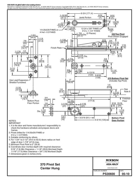 Technical diagram of Center Hung Pivot Door Hinge Set, detailing measurements for interior or exterior doors model 370 with 500 lb capacity.