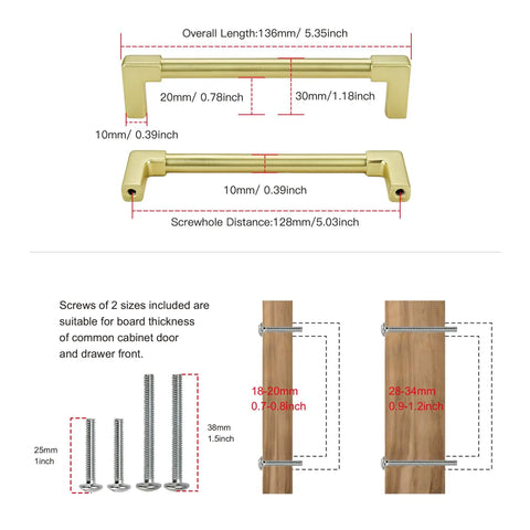 Diagram showing dimensions of 10 Pack 5 Inch Brushed Gold Cabinet Pulls Solid Zinc Alloy Kitchen Handles with included screws.