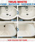 Pro Grade Tub And Sink Repair Kit White For Acrylic Enamel Fiberglass Surfaces Easy Like New Fix For Chips Cracks Scratches And Holes In Bathtubs Showers Sinks Toilets And Ceramic Tiles before and after image.