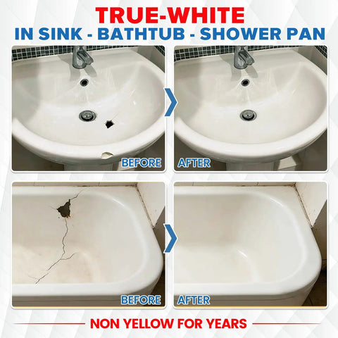Pro Grade Tub And Sink Repair Kit White For Acrylic Enamel Fiberglass Surfaces Easy Like New Fix For Chips Cracks Scratches And Holes In Bathtubs Showers Sinks Toilets And Ceramic Tiles before and after image.