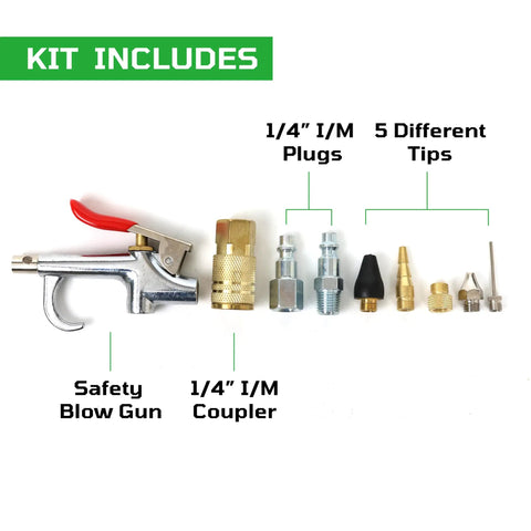 Heavy-Duty Polyurethane Braided Air Hose One Quarter Inch By Twenty-Five Feet Plus Ten-Piece Air Compressor Accessories Kit with quick-connect brass fittings and safety blow gun.