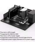 Open Air PC Test Bench Case And Open Frame Techbench For EATX ATX MATX ITX Motherboards DIY Computer Chassis With Large GPU Clearance And ATX Power Supply Compatibility showing supported components on black chassis