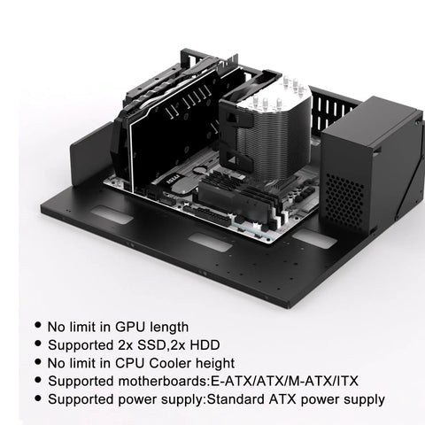 Open Air PC Test Bench Case And Open Frame Techbench For EATX ATX MATX ITX Motherboards DIY Computer Chassis With Large GPU Clearance And ATX Power Supply Compatibility showing supported components on black chassis