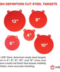 Multiple red AR500 Steel Targets with sizes 4-inch, 6-inch, 8-inch, 10-inch, and 12-inch displayed against a white background.