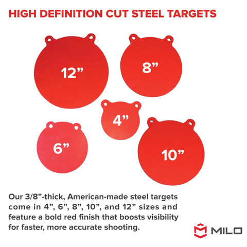 Multiple red AR500 Steel Targets with sizes 4-inch, 6-inch, 8-inch, 10-inch, and 12-inch displayed against a white background.