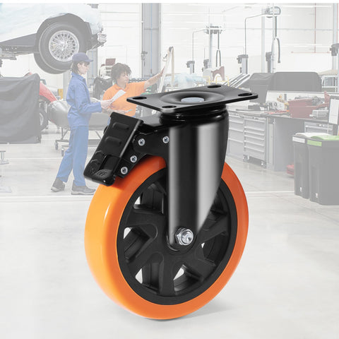 Six Inch Swivel Plate Caster Wheels Set Of Four With AB Locking No Noise PVC Non Marking Wheels For Cart Furniture Workbench Heavy Duty 700 Lbs Per Caster Silent Smooth Rolling Ideal For Heavy Duty Carts And Workbenches In Home Or Shop showcasing a single caster wheel.