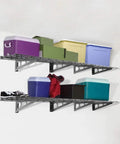 Two Pack 1x6 Foot Wall Mounted Floating Shelves Black For Garage Storage Pantry Or Kitchen Easy Stud Mount Classic Series 12x72 Inches Each Shelf Made From Two 1x3 Foot Panels with storage boxes
