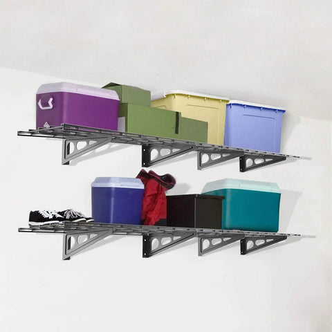 Two Pack 1x6 Foot Wall Mounted Floating Shelves Black For Garage Storage Pantry Or Kitchen Easy Stud Mount Classic Series 12x72 Inches Each Shelf Made From Two 1x3 Foot Panels with storage boxes