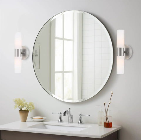 Modern 14 Inch Two Light Wall Sconce In Brushed Nickel Finish With Frosted Glass Cylinder Shades near bathroom mirror