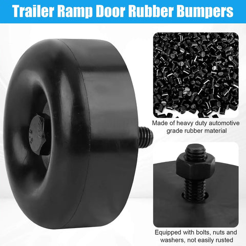 2.5 Inch Trailer Ramp Door Bumper Kit with round rubber stops and screw hardware, close-up of heavy-duty black rubber bumper