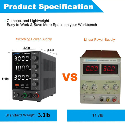 DC Variable Power Supply With Auto Voltage Detect 110V 220V Upgrade, Adjustable 0 to 30V 0 to 10A, benchtop unit comparison