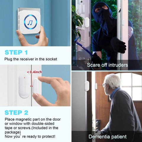 Wireless Door Chime with 800 ft Range, installation steps, intruder deterrence, elder assistance with door sensor