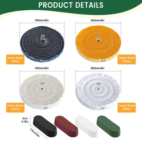 Heavy Duty Workhorse 8 Inch Buffing And Polishing Wheel Kit Bench Grinders Half Inch Arbor denim and cotton wheels with rouge bars.