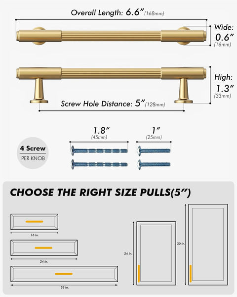 Diagram of Champagne Bronze Cabinet Pulls 10 Pack 5 Inch Center To Center 6.6 Inch Overall Length with screws and installation guide