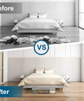 Before and after bedroom using Two Pack Under Bed Storage Bins With Humidity Proof Clear Plastic See Through Design With Durable Handles