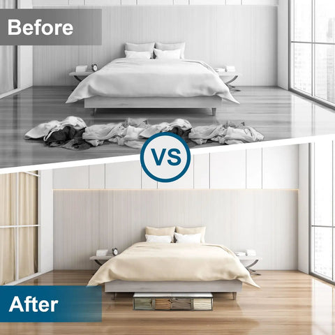 Before and after bedroom using Two Pack Under Bed Storage Bins With Humidity Proof Clear Plastic See Through Design With Durable Handles