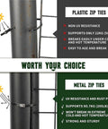 Comparison between plastic and metal zip ties, highlighting durability of Stainless Steel Cable Tie Gun With 200 Heavy Duty 304 Stainless Zip Ties.