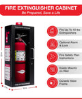 Heavy Duty Fire Extinguisher Cabinet With Alarm And Secure Lock Featuring Clear Breakable Acrylic Window mounted on wall, 10 lb capacity, matte black.