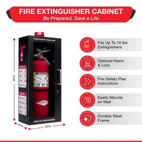 Heavy Duty Fire Extinguisher Cabinet With Alarm And Secure Lock Featuring Clear Breakable Acrylic Window mounted on wall, 10 lb capacity, matte black.