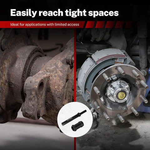 Air Powered Truck Anchor Pin Bushing Driver Kit For 1-3/8 Inch Anchor Pin Bushings Removal And Installation No Hub Removal Brake Tool Time Saving shown in use on truck axle