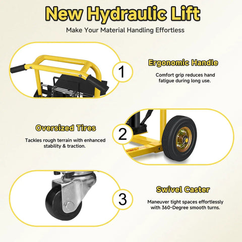 Hydraulic Material Lift Pallet Jack Table Cart With 480 Lb Capacity features ergonomic handle, oversized tires, swivel caster
