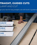 Genuine Aluminum Rip Fence Guide For Slick Straight Cuts On Circular Saws And Routers With Quick Lock Adjustment on a workbench.