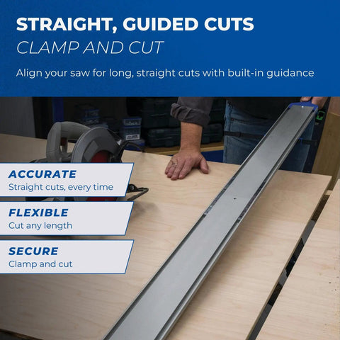Genuine Aluminum Rip Fence Guide For Slick Straight Cuts On Circular Saws And Routers With Quick Lock Adjustment on a workbench.